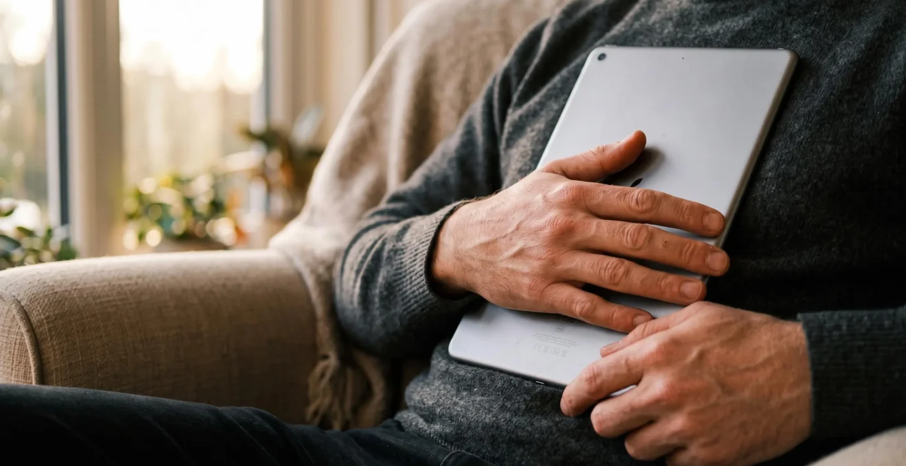 Mains tenant une tablette contre soi, dos de l'appareil visible.